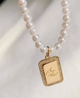 HEFANG White Gold Pearl Strand Rectangular Pavé-Edged Pendant Necklace 7