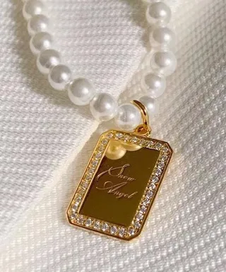 HEFANG White Gold Pearl Strand Rectangular Pavé-Edged Pendant Necklace 8