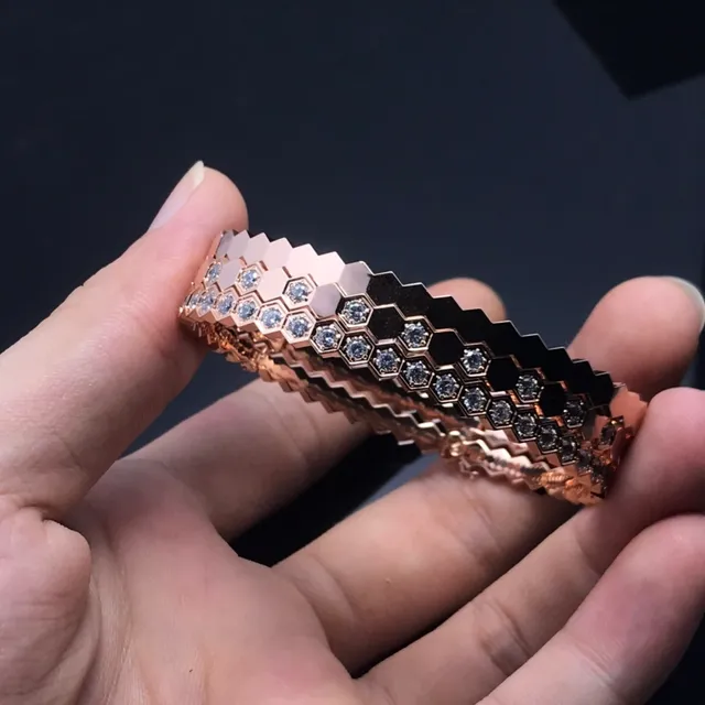 Hexagonal-Link Pavé Stone Rose Gold Tone Bangle Bracelets 6