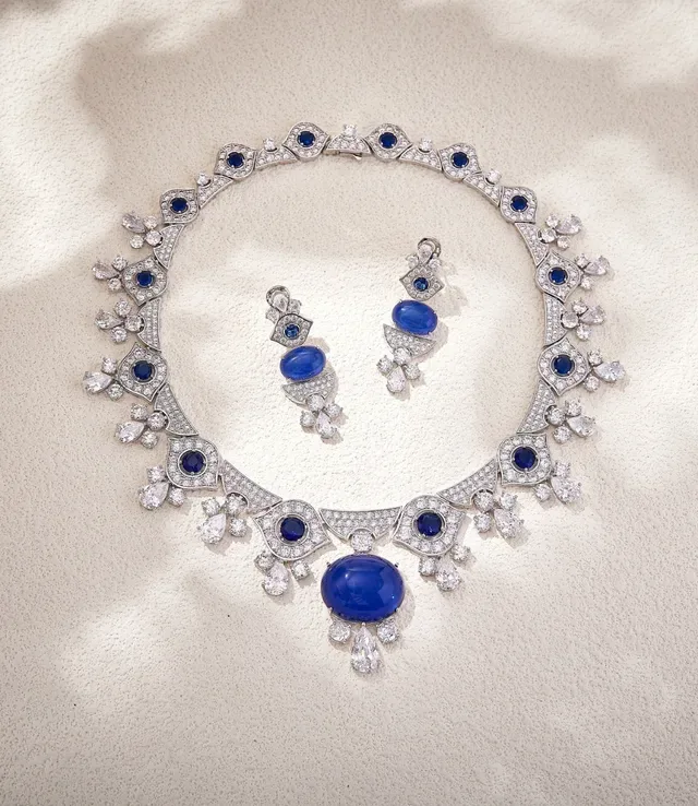 High-Jewelry Cabochon Sapphire and Pavé Diamond Floral Motif Necklace 3