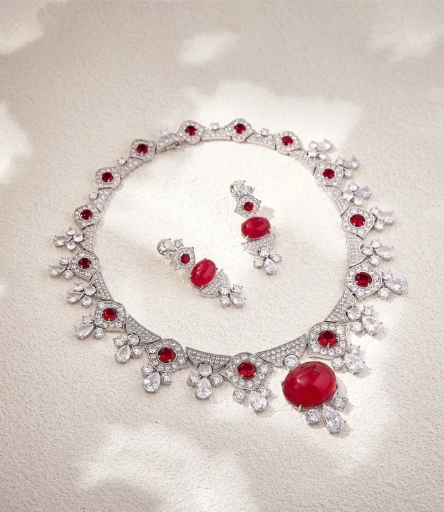 High-Jewelry Cabochon Sapphire and Pavé Diamond Floral Motif Necklace 4