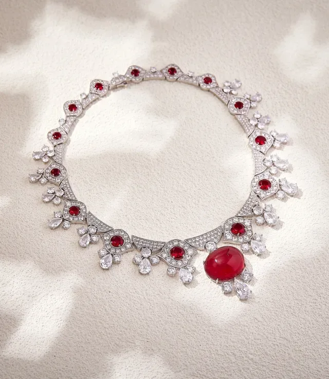 High-Jewelry Cabochon Sapphire and Pavé Diamond Floral Motif Necklace 7