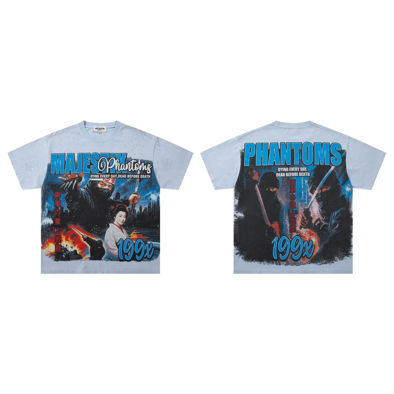 MAJESTIK Phantoms Graphic Print Light Blue Oversized T-Shirt 2