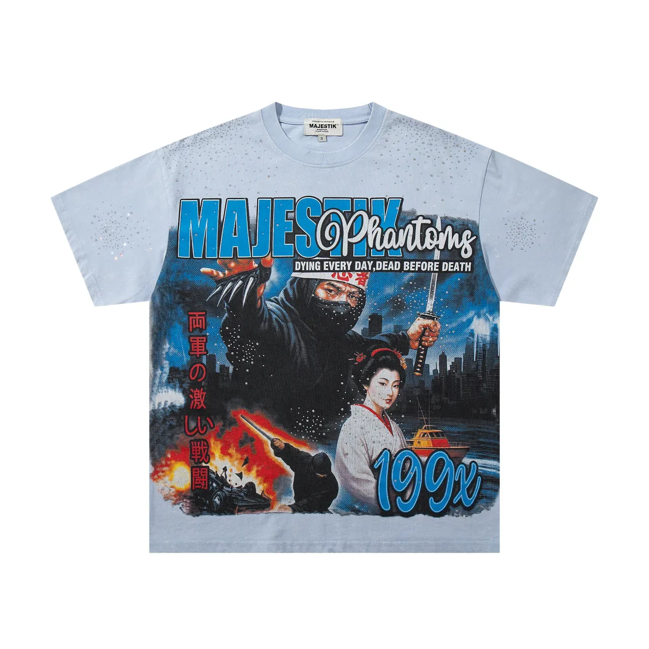 MAJESTIK Phantoms Graphic Print Light Blue Oversized T-Shirt 4