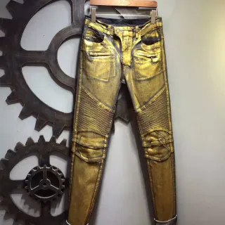 Metallic Gold Distressed Moto-Style Pants