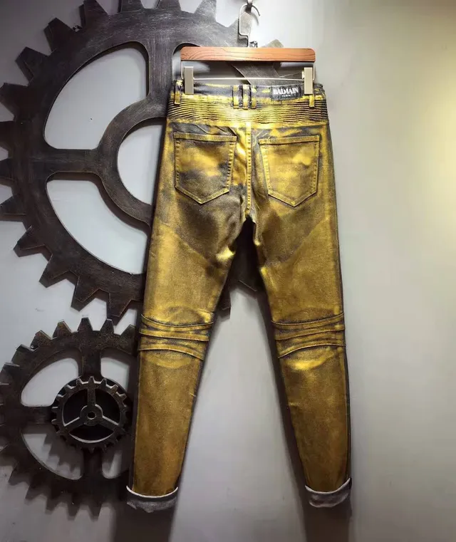 Calças Distressed Moto-Style de Ouro Metálico 3