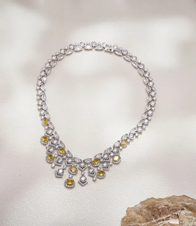 Multi-Stone Pave-Set Geometric V-Bib Necklace 8