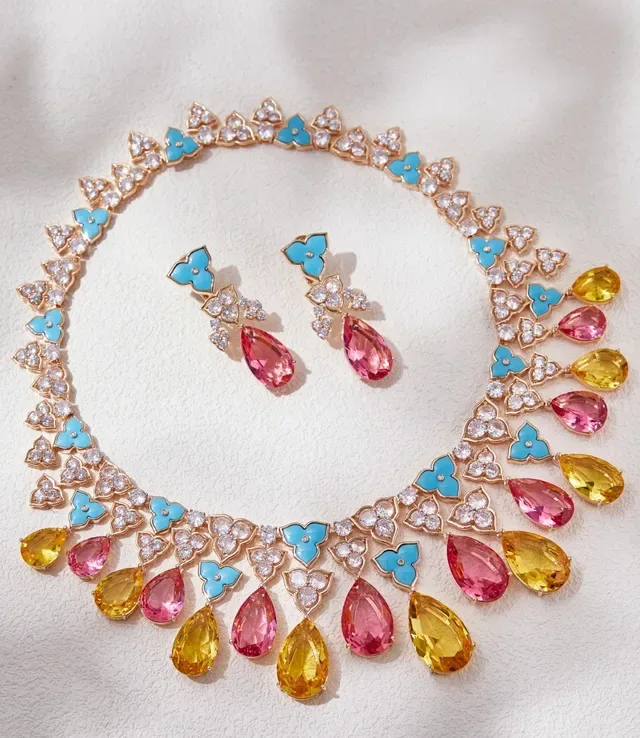 Multicolor Floral Motif Pear-Shaped Gemstone Drops Necklace 8