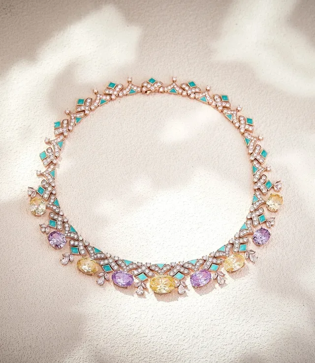 Multicolor Gemstone and Diamond Geometric Collar Necklace 1