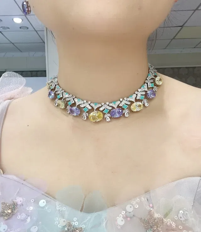 Multicolor Gemstone and Diamond Geometric Collar Necklace 6