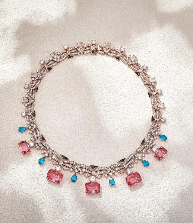 Multicolor Geometric Fan Motif Pavé Diamond Necklace 1