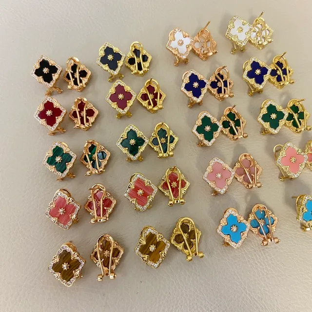 Multicolor Gold Clover-Shaped Enamel-Filled Earrings 2