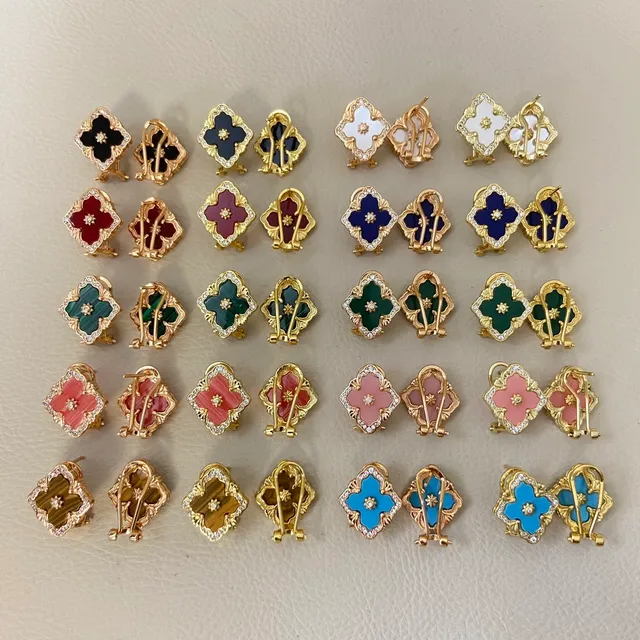 Multicolor Gold Clover-Shaped Enamel-Filled Earrings 4