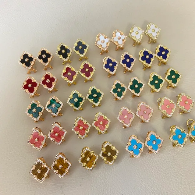 Multicolor Gold Clover-Shaped Enamel-Filled Earrings 6