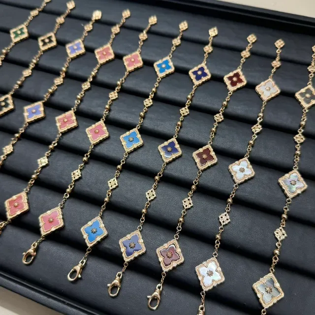 Multicolor Gold Enamel Clover Charms Metal Bracelet 7