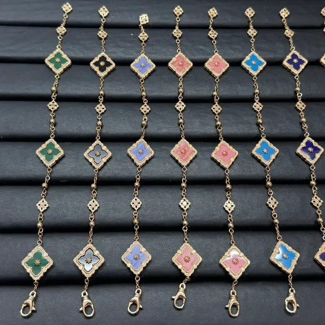 Multicolor Gold Enamel Clover Charms Metal Bracelet 9