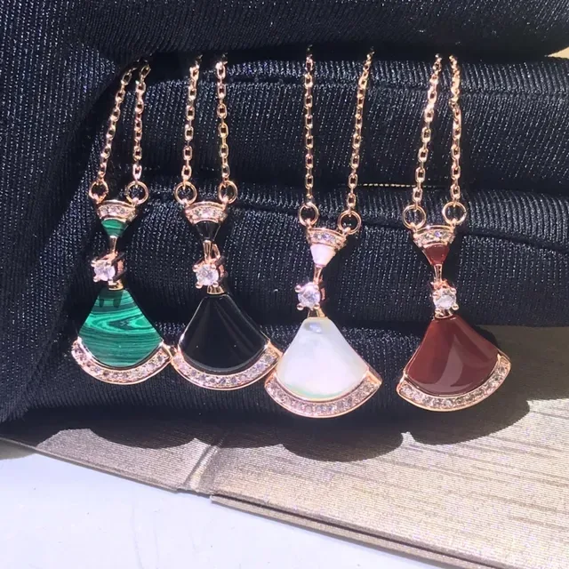 Multicolor Gold Fan-Shaped Gemstone Pendants Pavé Crystal Borders Necklace 1