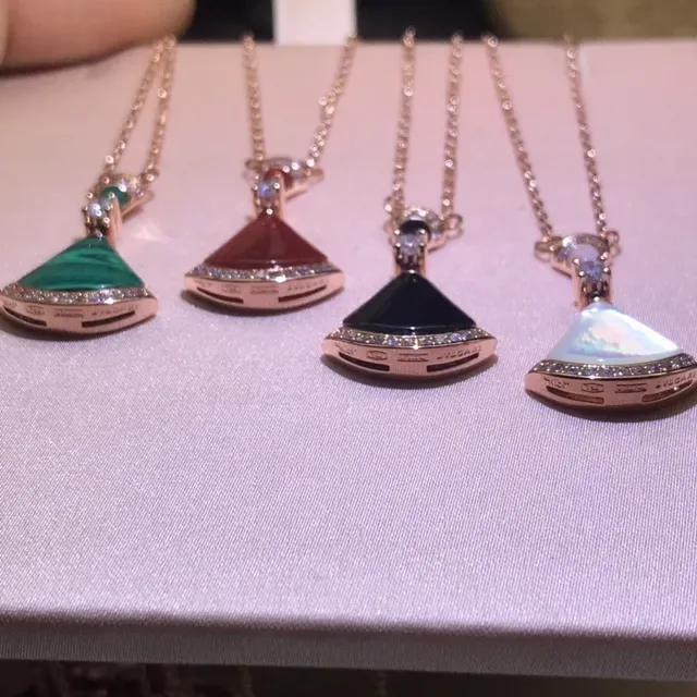 Multicolor Gold Fan-Shaped Gemstone Pendants Pavé Crystal Borders Necklace 4