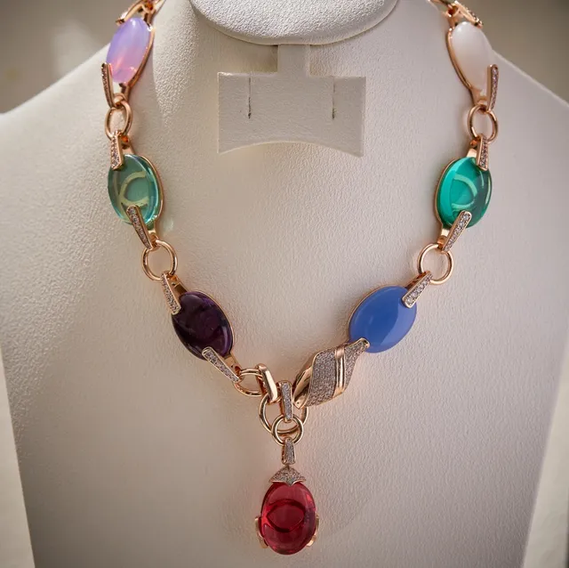 Multicolor Gold Oval Cabochon Gemstone Link Chain Necklace 2