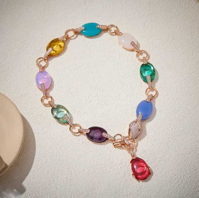 Multicolor Gold Oval Cabochon Gemstone Link Chain Necklace 4
