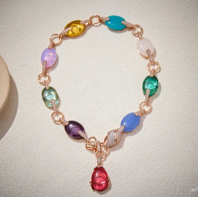 Multicolor Gold Oval Cabochon Gemstone Link Chain Necklace 5