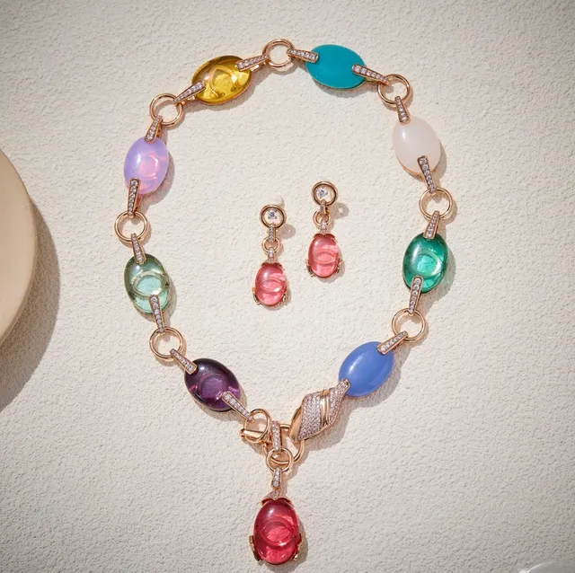Multicolor Gold Oval Cabochon Gemstone Link Chain Necklace 6