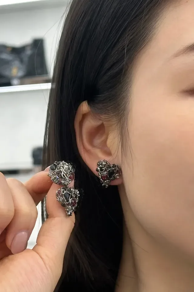 Multicolor Heart-Shaped Multi-Stone Cluster Earrings 3