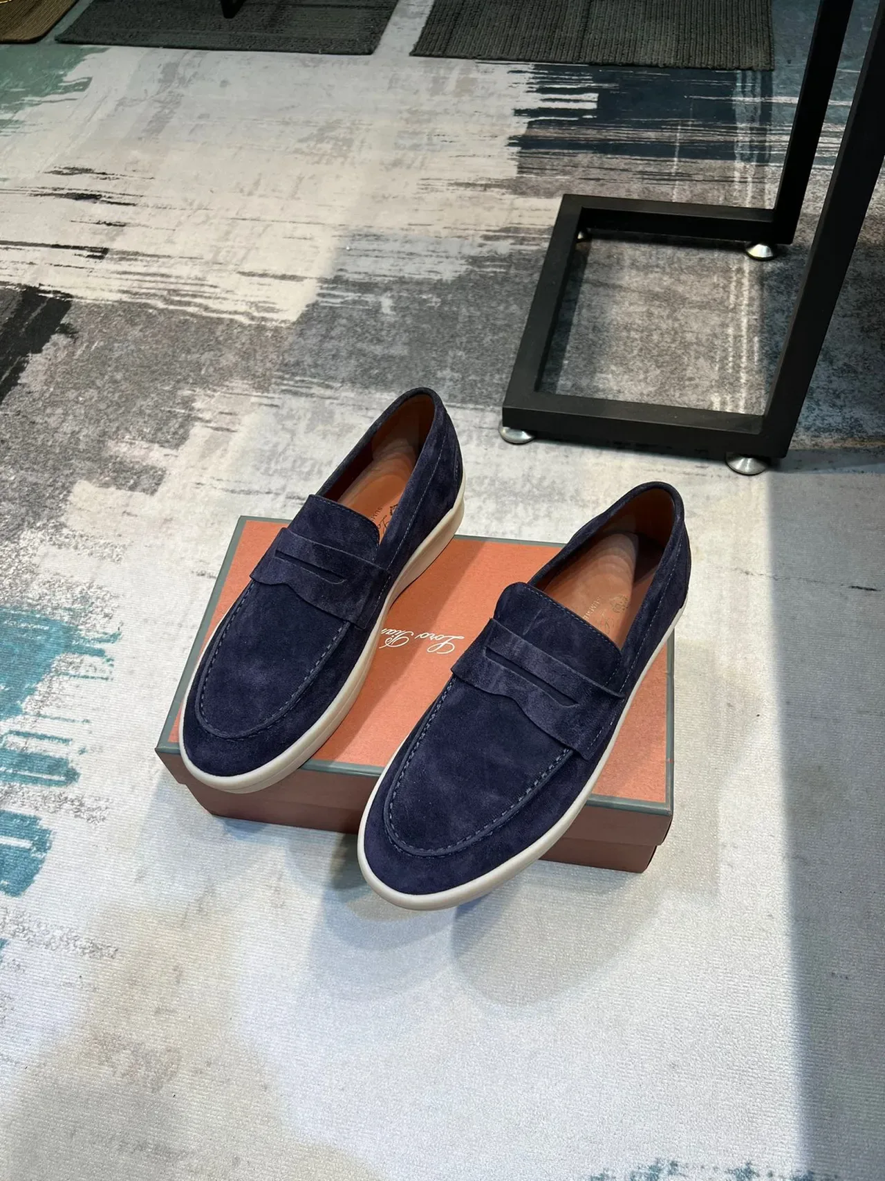 Navy Beige Suede Penny Loafer 6