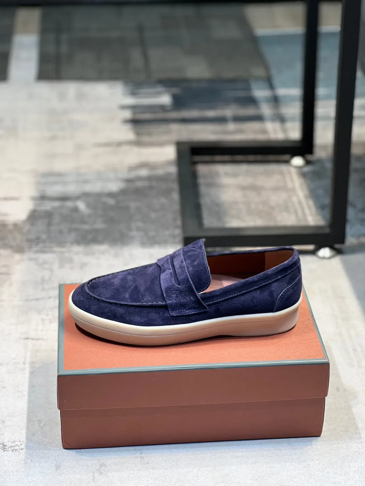 Navy Beige Suede Penny Loafer 9
