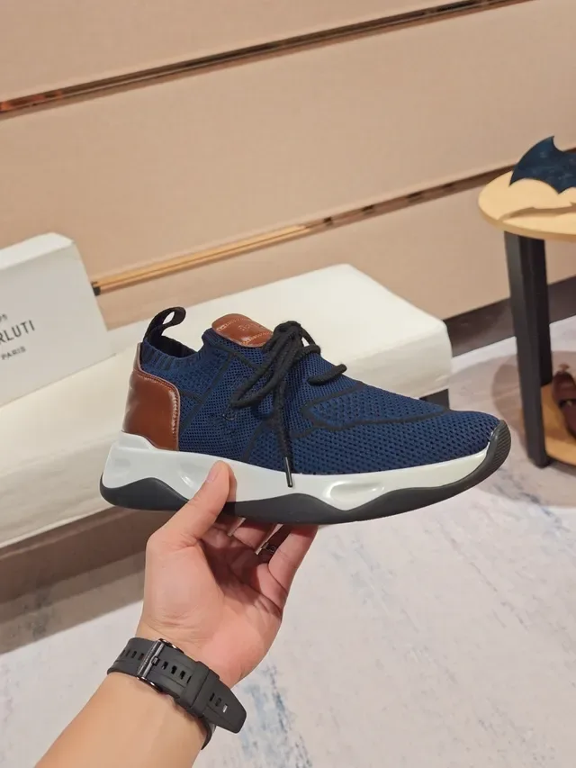 Navy Brown Knit Upper Contrast Leather Heel Sneakers 4