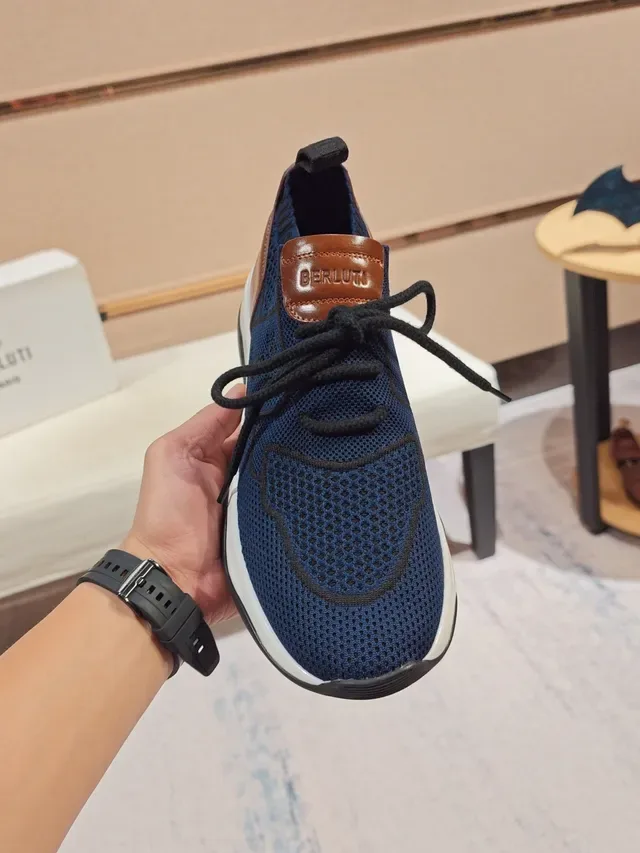 Navy Brown Knit Upper Contrast Leather Heel Sneakers 5