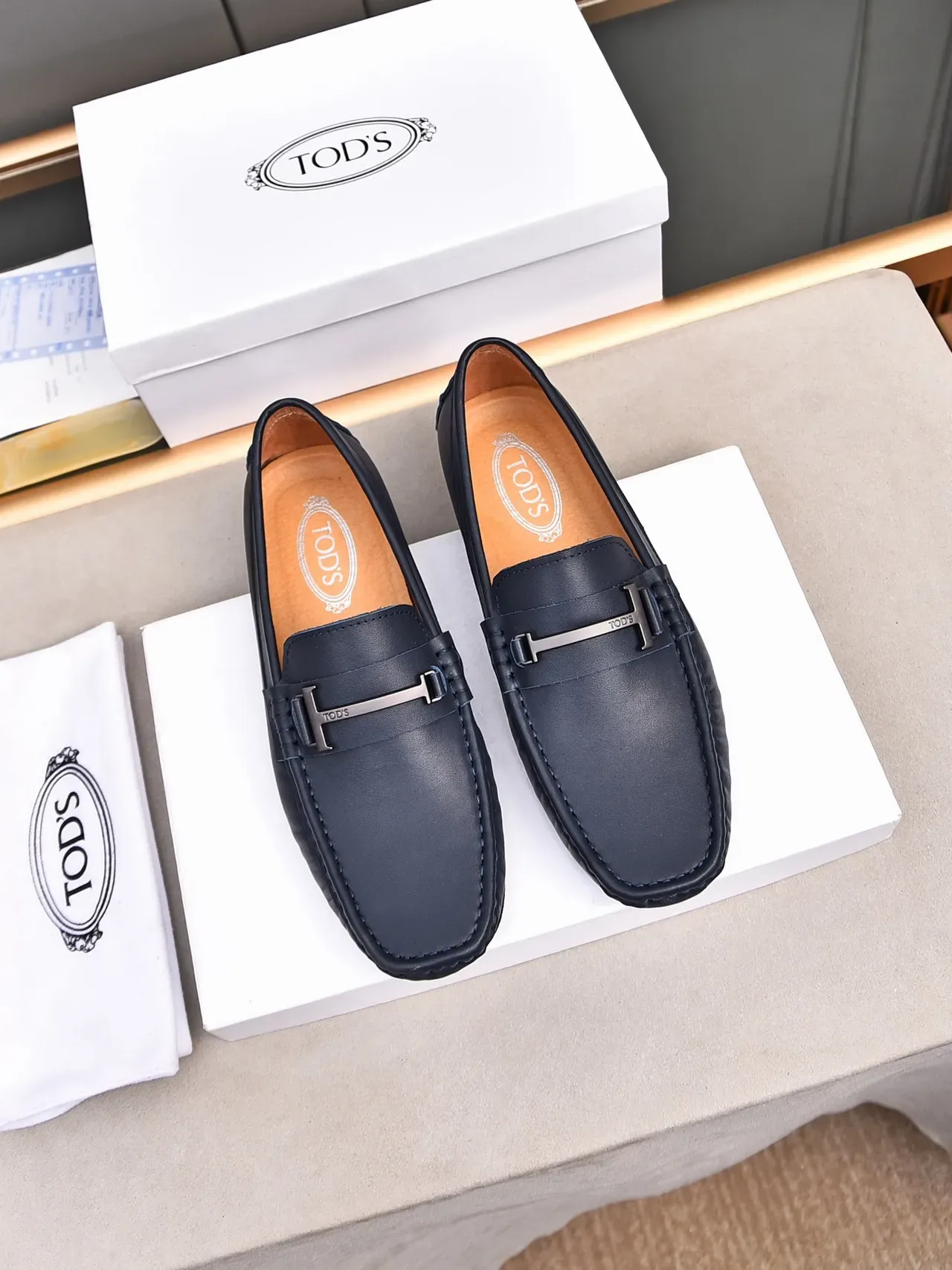 Navy Brown Leather Metal Bit Strap Loafer 4