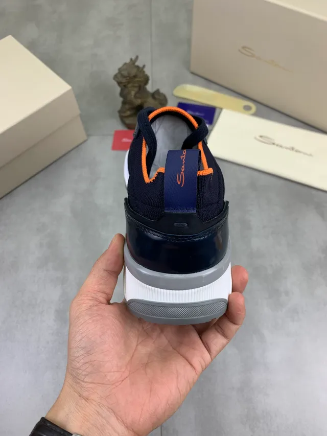 Navy Orange Knit Sock-Fit Upper Laceless Tongue Strap Sneakers 2