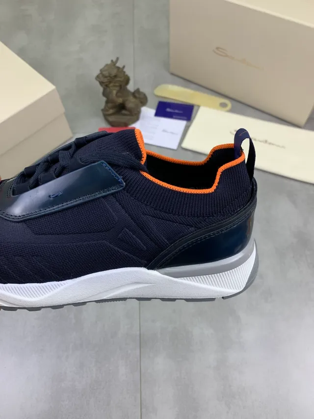 Navy Orange Knit Sock-Fit Upper Laceless Tongue Strap Sneakers 3
