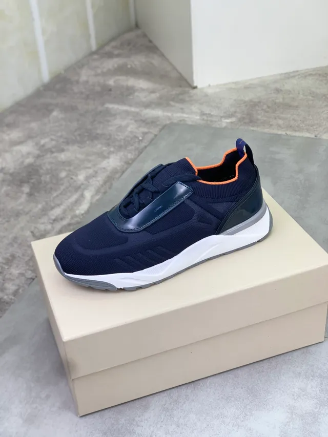 Navy Orange Knit Sock-Fit Upper Laceless Tongue Strap Sneakers 4