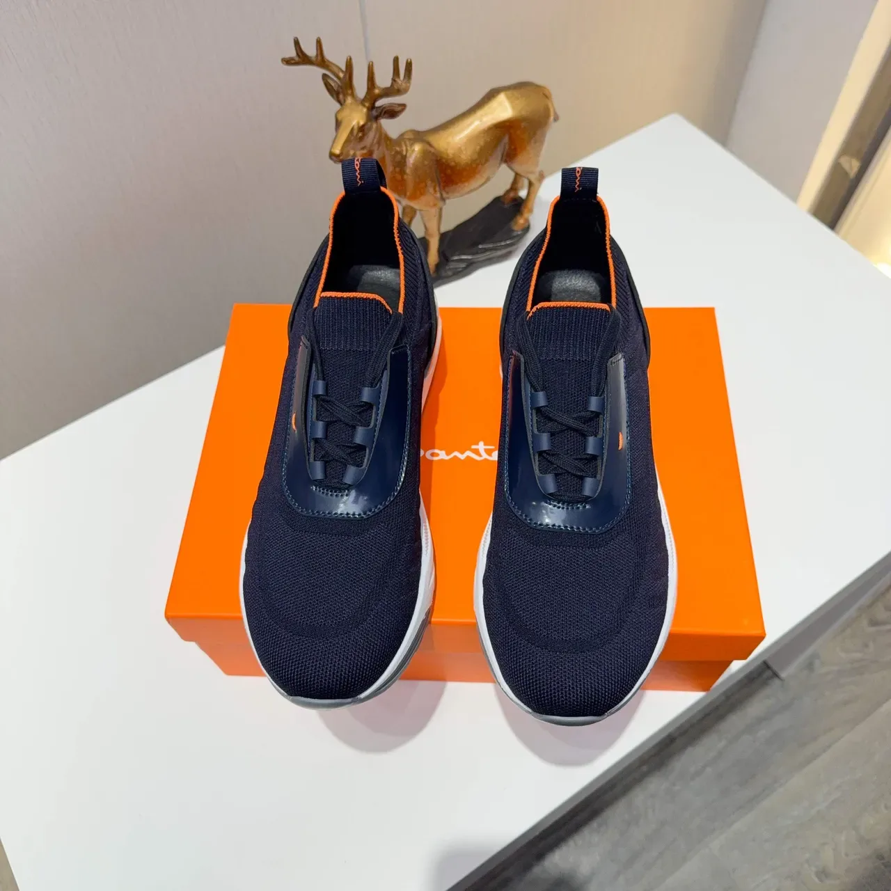 Navy Orange Knit Upper Contrast Lining Sneakers 3