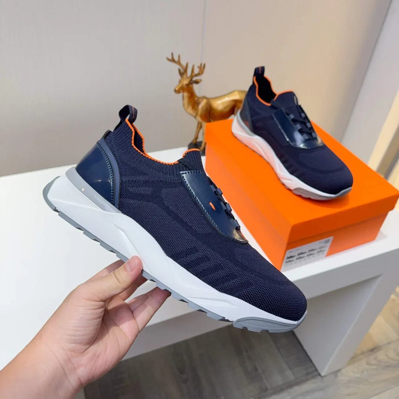 Navy Orange Knit Upper Contrast Lining Sneakers 5