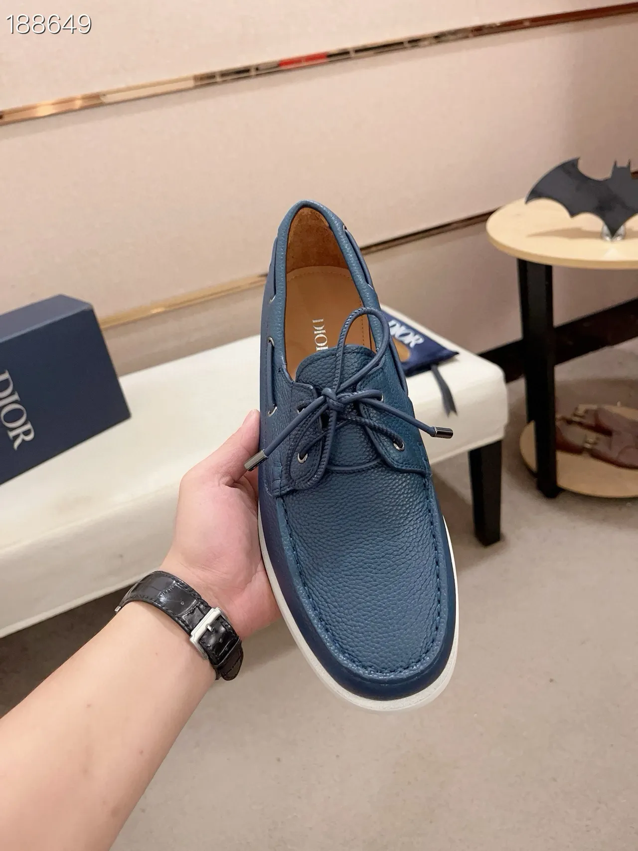 Navy Peppled Leather Moc-Toe Boat Shoes 4