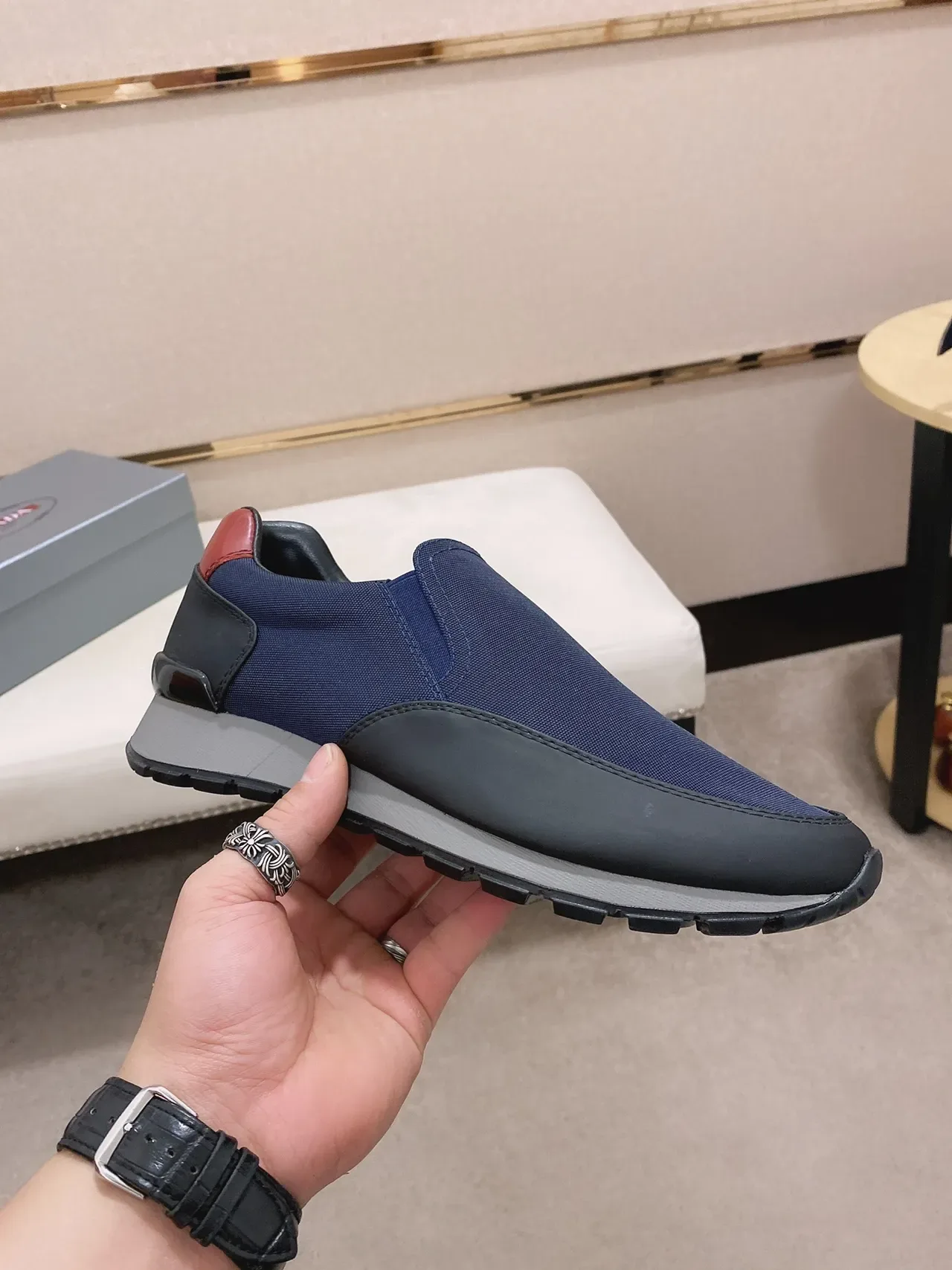 Navy Red Slip-On Textile Upper Sneakers 6