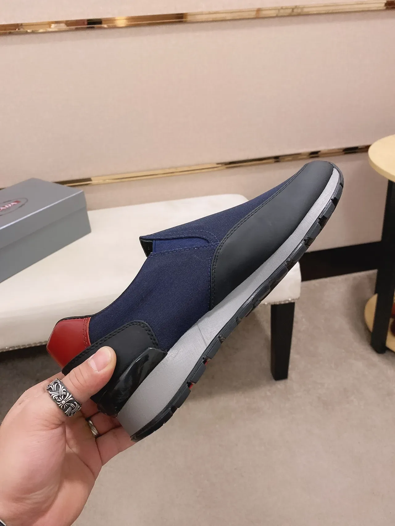 Navy Red Slip-On Textile Upper Sneakers 7