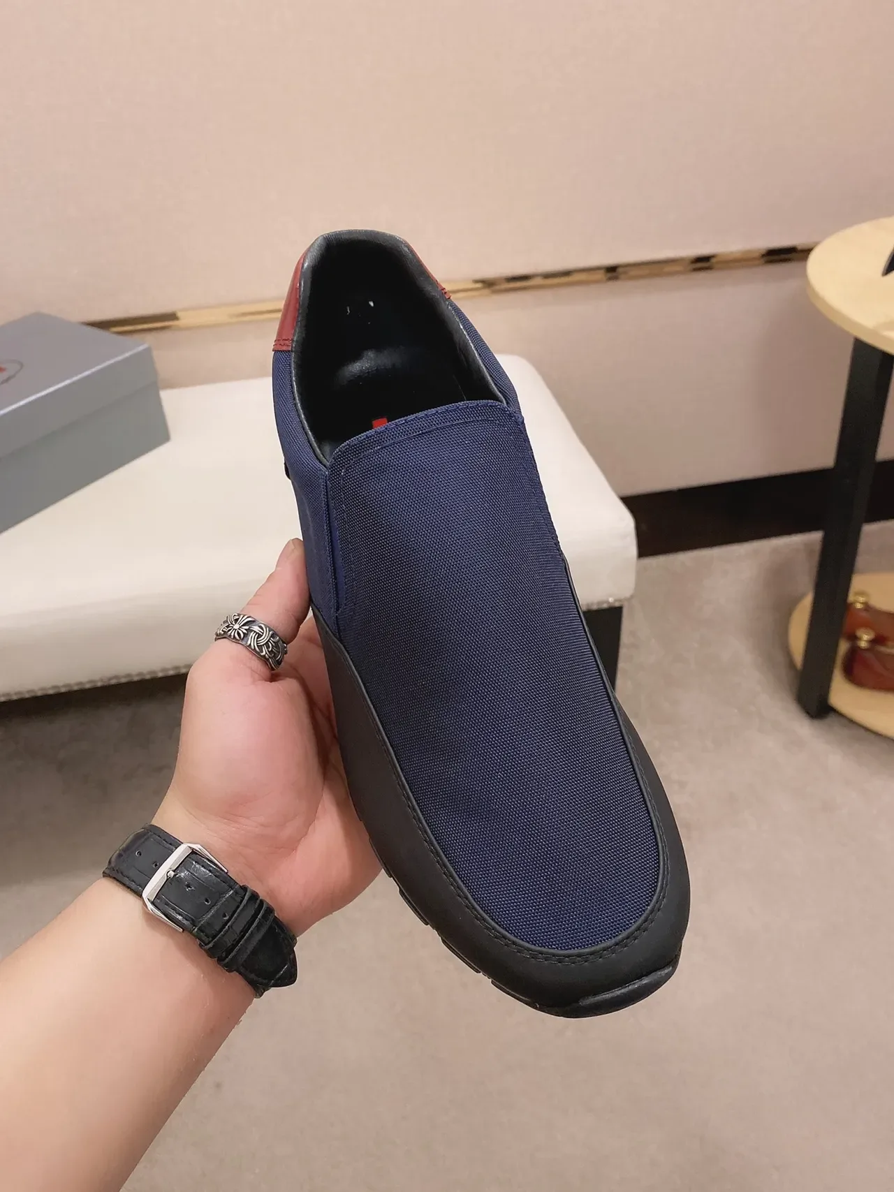 Navy Red Slip-On Textile Upper Sneakers 8