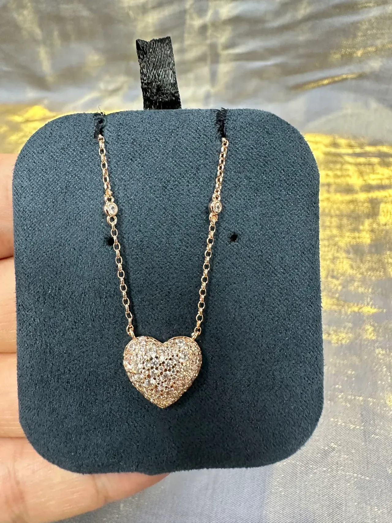 Navy Silver Pavé-Set Heart Pendant Delicate Link Chain Necklace 7