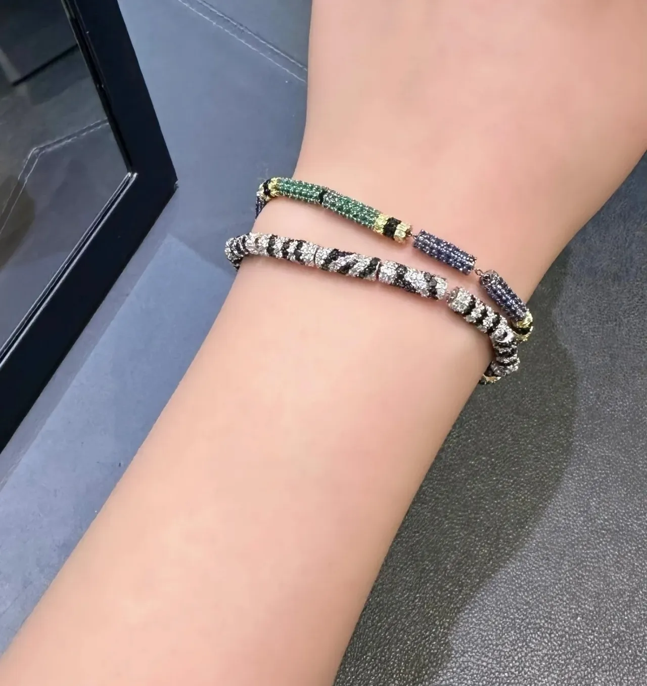 Navy Silver Pavé-Set Stone Band Contrasting Black-and-White Pattern Bracelet 2
