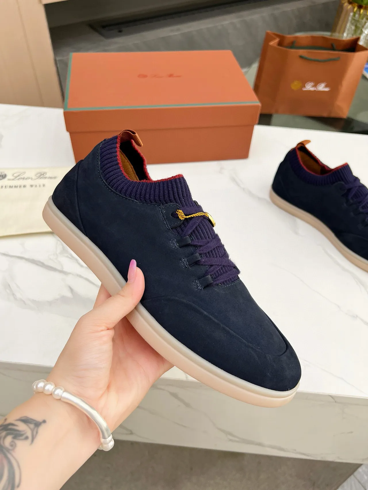 Navy Suede Knit-Collar Lace-Up Casual Shoes 2