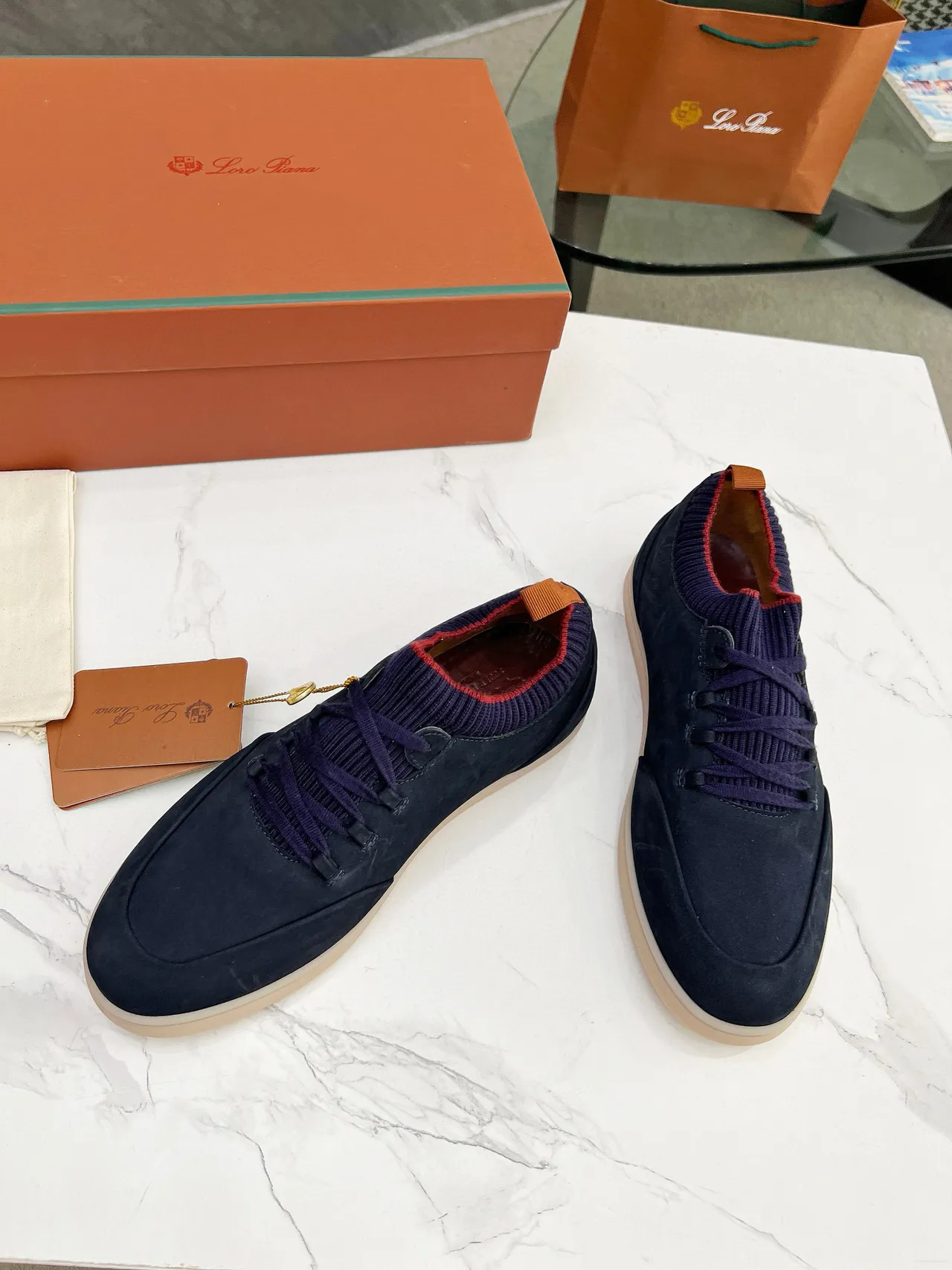 Navy Suede Knit-Collar Lace-Up Casual Shoes 4