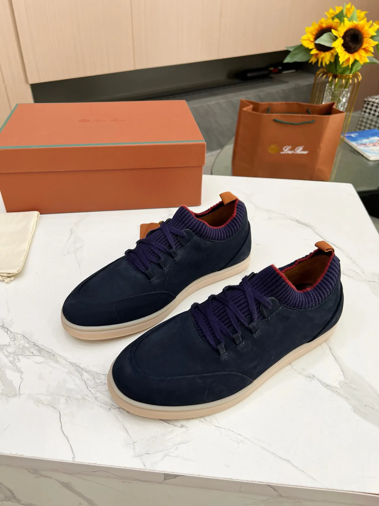 Navy Suede Knit-Collar Lace-Up Casual Shoes 5