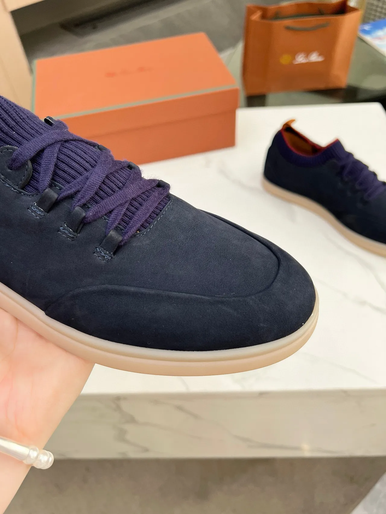 Navy Suede Knit-Collar Lace-Up Casual Shoes 6
