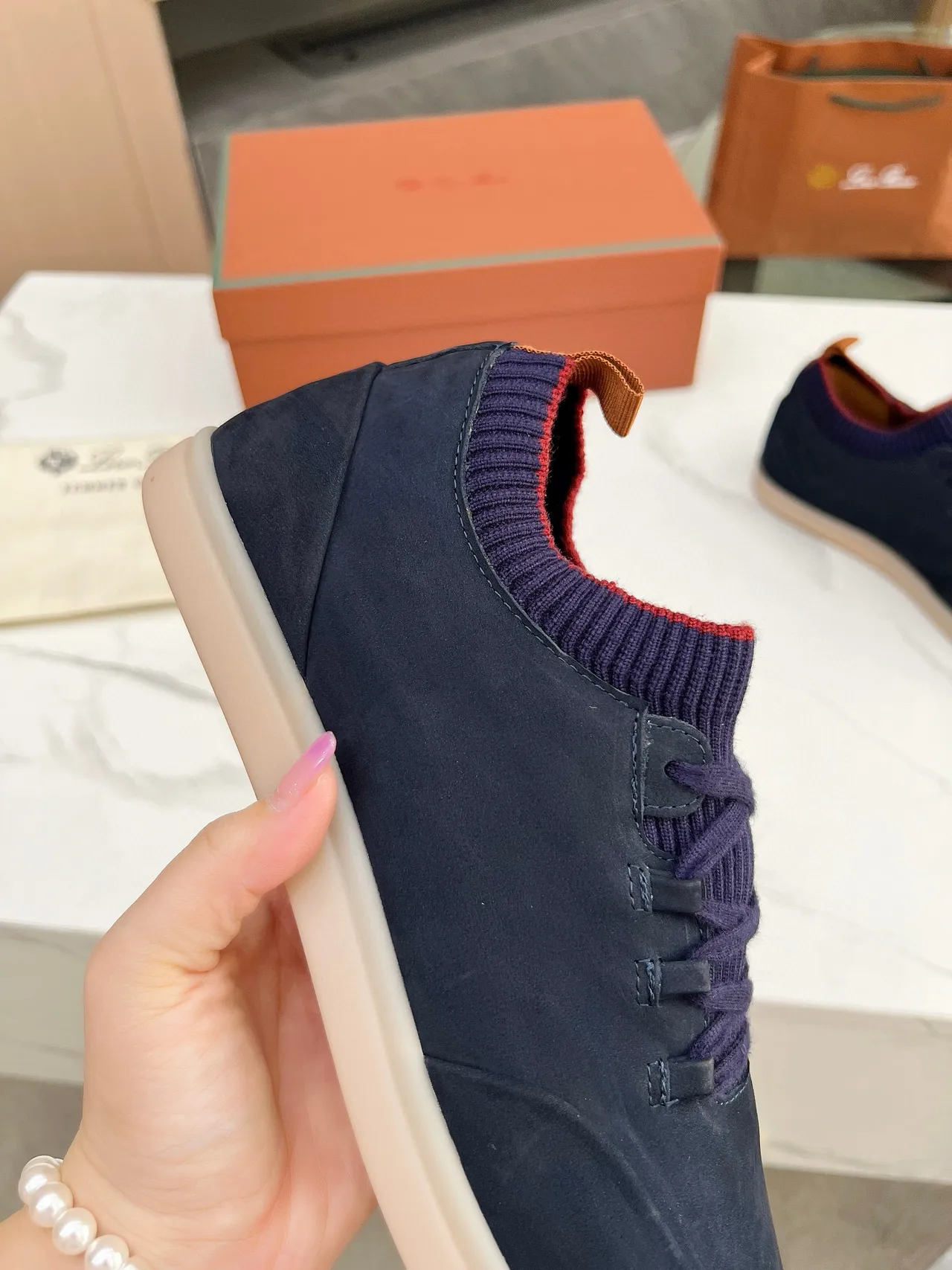 Navy Suede Knit-Collar Lace-Up Casual Shoes 7