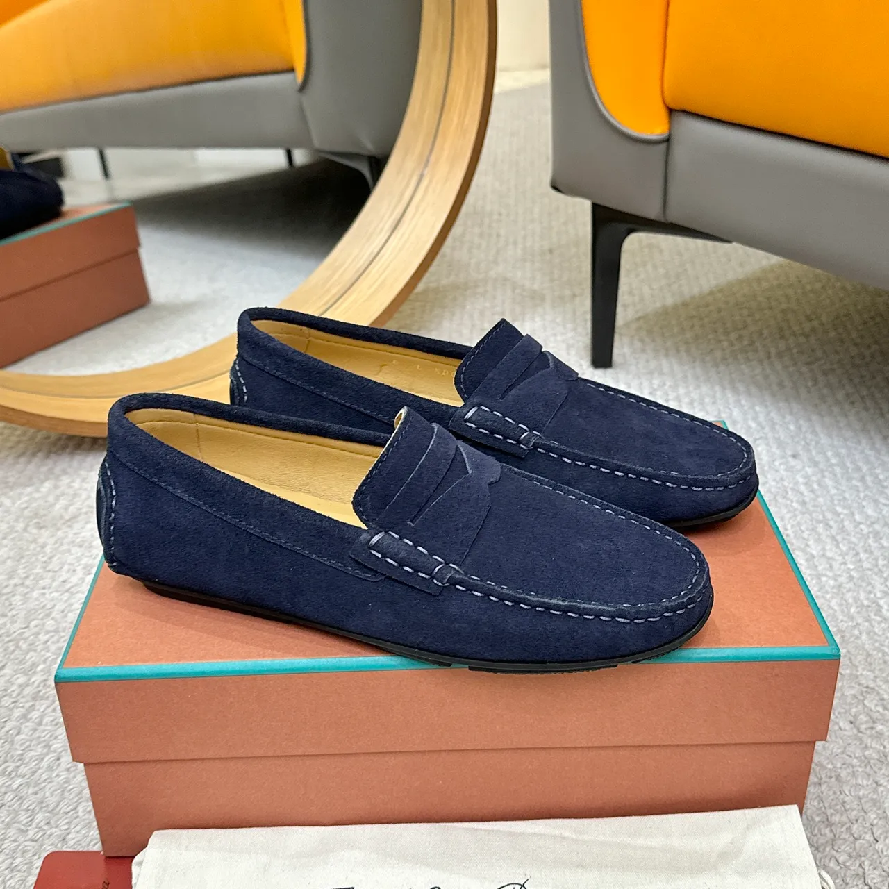 Navy White Suede Penny Strap Loafer 4
