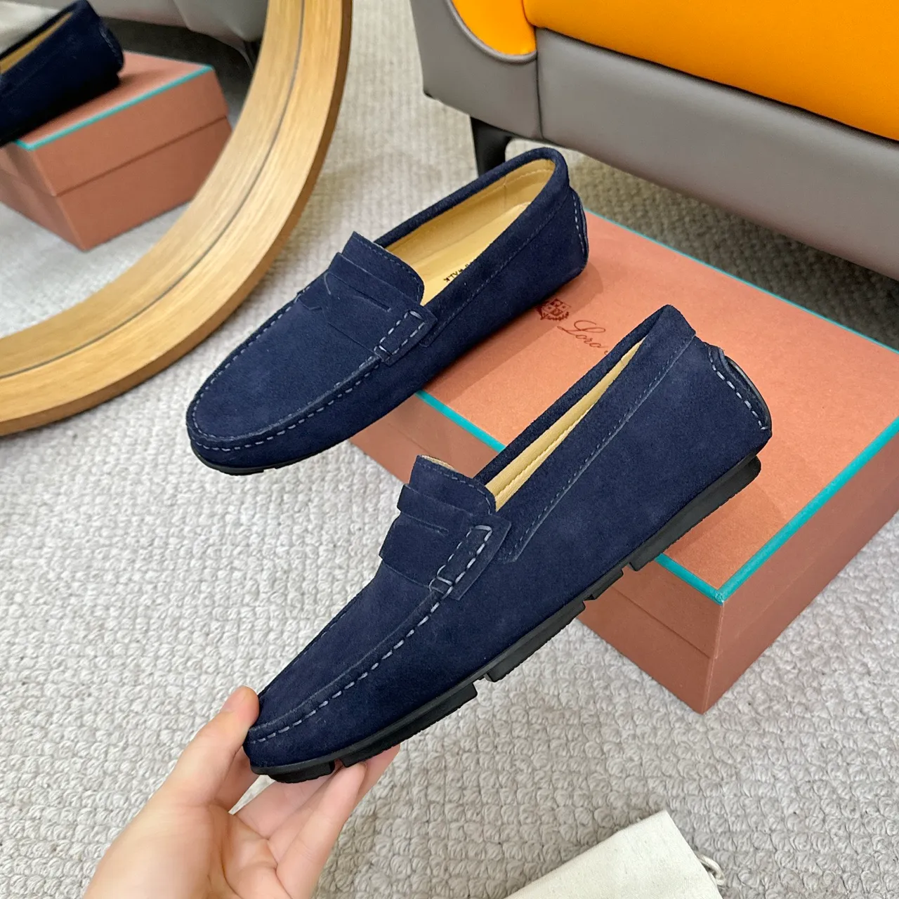 Navy White Suede Penny Strap Loafer 5